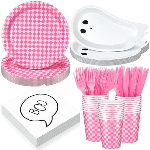 Pink Halloween Ghost Paper Plates and Cups Party Set - 144 pcs with Napkins & Cutlery