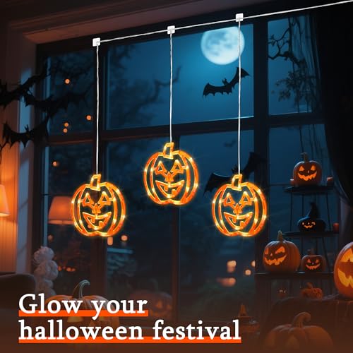 Orange Halloween Pumpkin Window Lights 3 Pack - 48 LED Dual Power USB & Battery Operated