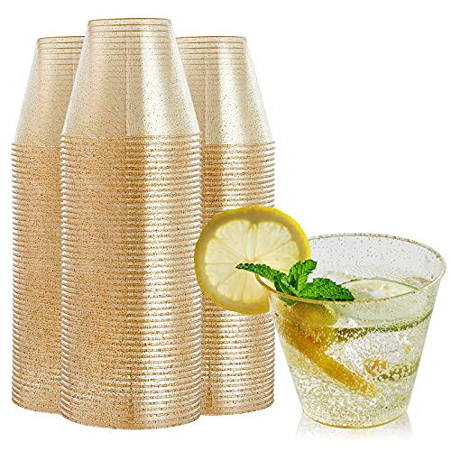 Gold Glitter Plastic Cups - 100 Pack, 9 oz Disposable Party Cups