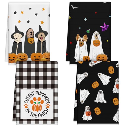 Halloween Dog Kitchen Towels Set of 4 - Fall Ghost Pumpkin Design, Microfiber, 14x21 Inches