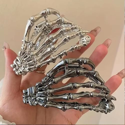 Halloween Hair Clips Skeleton Hand Claw Clips for Thick Hair Black Silver Set