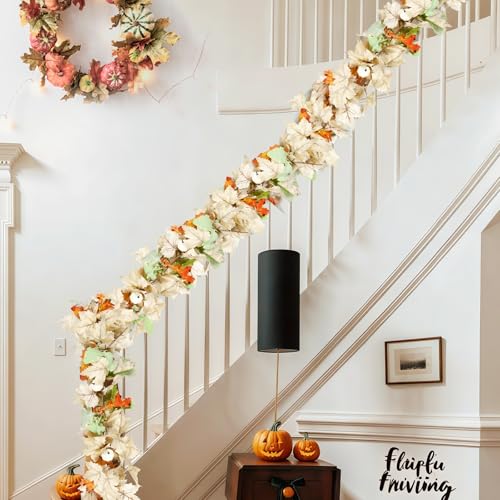 9ft Fall Garland with White Pumpkins & Maple Leaves - 2 Pack Harvest Decor