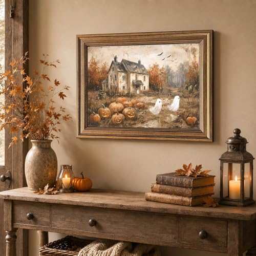 Halloween Wall Art - Haunted House & Pumpkin Canvas Print, 20" x 16" - Rustic Ghost & Autumn Decor - Variation Haunted House & Pumpkin