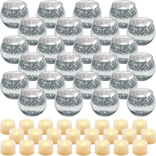 Votive Candle Holders Set - Speckled Mercury Glass with Tea Lights, Silver, 24 Pieces