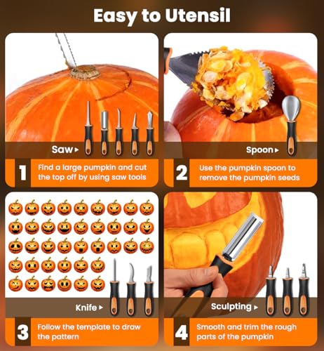 Pumpkin Carving Kit for Halloween - 13Pcs Stainless Steel Tools with Carrying Case - Black & Orange
