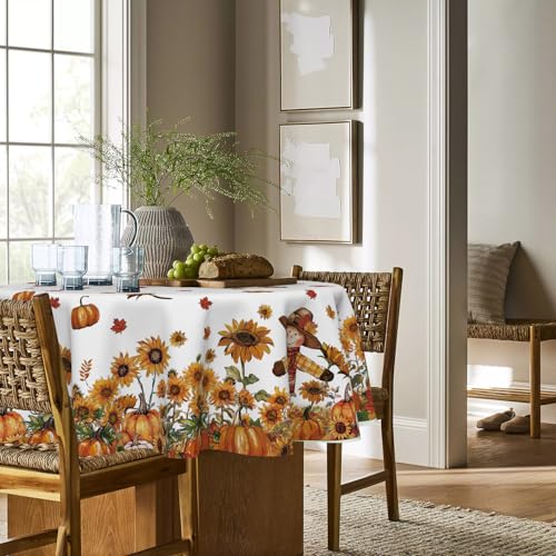Horaldaily Fall Round Tablecloth 90 Inch White Scarecrow Pumpkin Sunflower