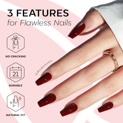 Modelones Coffin Press On Nails Short Fake Nails Dark Red A4 - Reusable, Easy Application