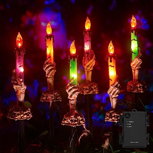 12 Pack Halloween Skeleton Hand Candle Stakes - Lighted Pathway Outdoor Decor