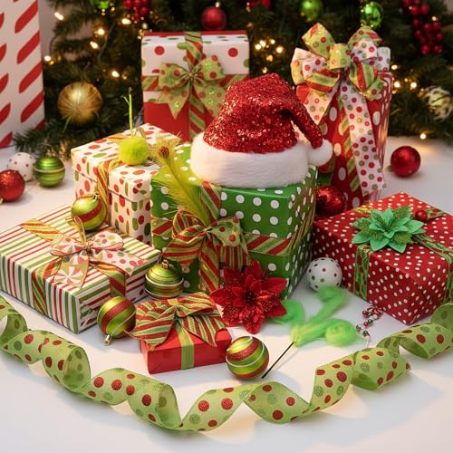 Halfchet Christmas Hat Hanging Ornament - 43 Pcs Holiday Tree Decorations with Ribbon Candy Red White and Green - Festive Party Decor