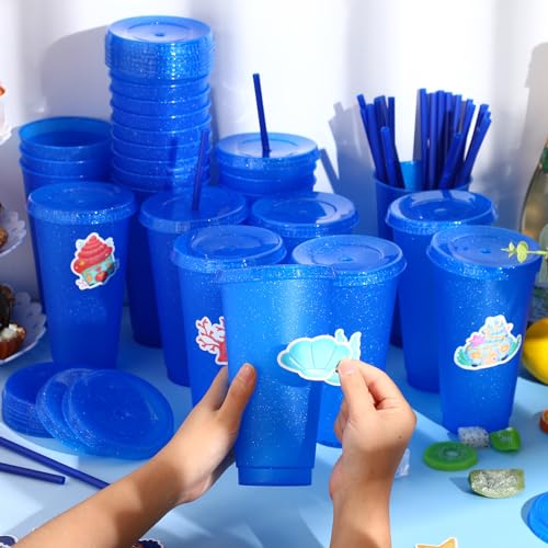 Dark Blue Reusable Plastic Halloween Cups with Lids & Straws - 24 oz Bulk Party Drinkware