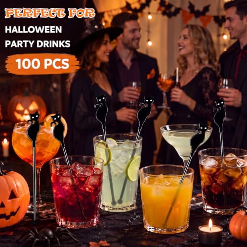 Halloween Black Cat Drink Stirrers - 100 Pcs Plastic Cocktail Swizzle Sticks
