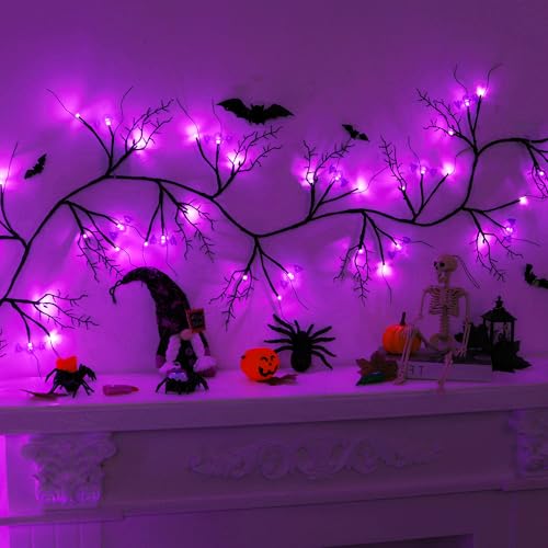 9 FT Halloween Willow Vine Garland with Bats Purple Lights - Timer & 8 Modes - Indoor Outdoor Decor