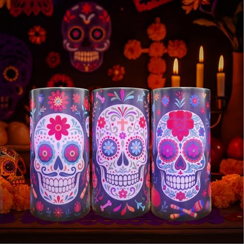 Dia De Los Muertos Flameless Candles Set with Remote Timer - 3 Pack - Variation of THIS listing