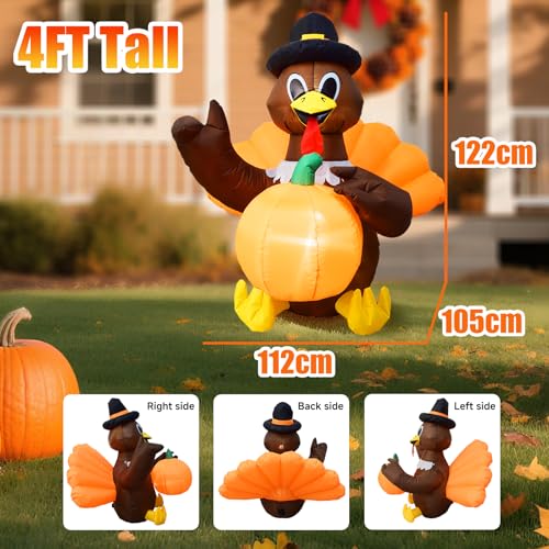 4FT Thanksgiving Turkey Inflatable - Outdoor Yard Holiday Decoration with LED Lights