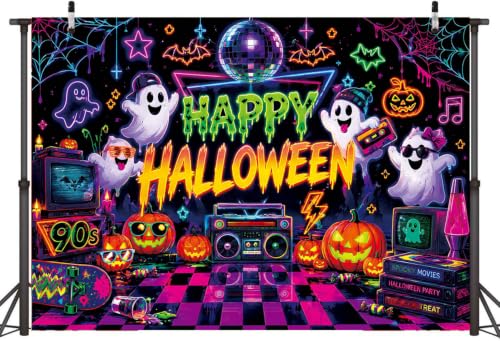 90s Retro Halloween Backdrop 6x4FT Neon Spooky Ghosts Pumpkins Party Decor