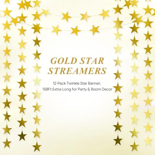 158Ft Gold Star Banner Streamers - 12 Pack Iridescent Glitter Stars Party Decor
