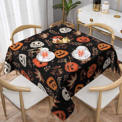 Halloween Pumpkin Maple Leaf Square Tablecloth 54 Inch Burnt Orange & White Fall Decor