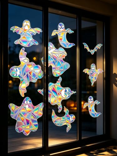 Halloween Window Decals Set - Rainbow Ghost Bat Pumpkin Stickers for Holiday Decorations