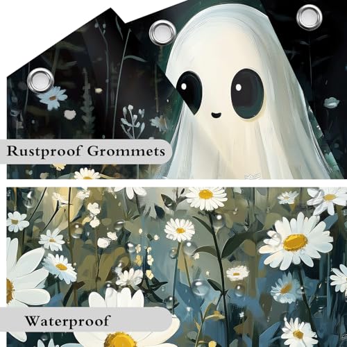 Blue Halloween Shower Curtain with Ghost & Floral Pattern Waterproof Fabric 72x72 Inches with Hooks - Variation of THIS listing