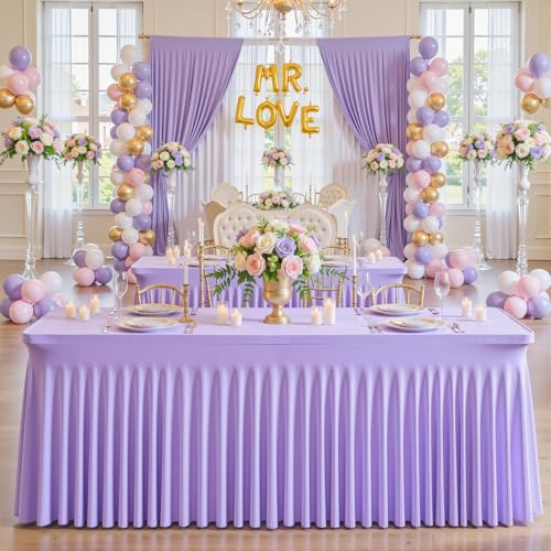 Lavender Spandex Tablecloths for 6ft Rectangle Tables - 4 Pack Light Purple Stretch Fitted Cover with Skirt