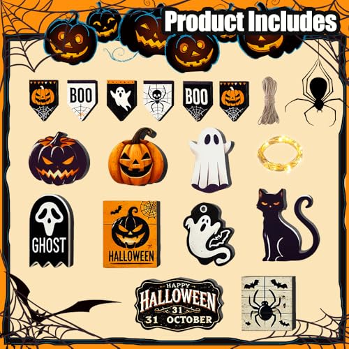 Halloween Tiered Tray Decorations Set - 17 Pc Self-Standing Wooden Signs & Light String