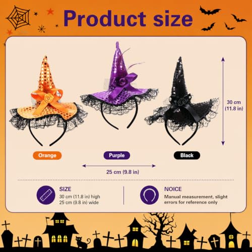 Halloween Sequin Witch Hat Headband Set with Lights - Festive Hair Accessories 3 Pcs