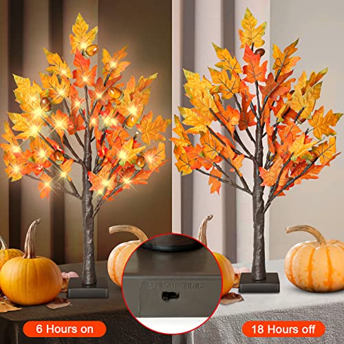 2 Pack 24 Inch Lighted Maple Trees with 36 LEDs & Acorns - Fall Thanksgiving Decor