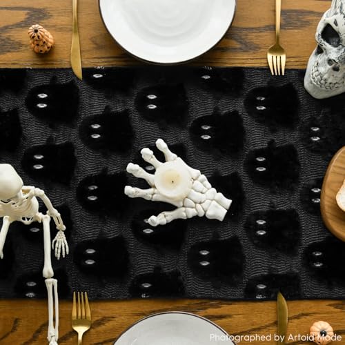 Black Faux Fur Ghost Halloween Table Runner 13x72 Inch - Soft & Durable Decor