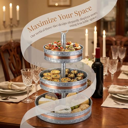 15-Inch Rustic Metal Tiered Serving Stand - Farmhouse Galvanized Cupcake & Fruit Tray