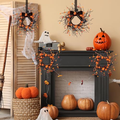 Halloween Candle Rings Set - 4 Tapered Fall Berry Pumpkin Wreaths with Variation 4