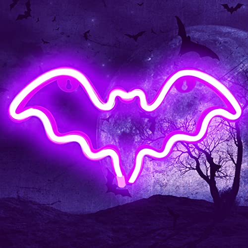 Purple Bat Neon Sign Halloween Wall Decor LED Light for Room or Party