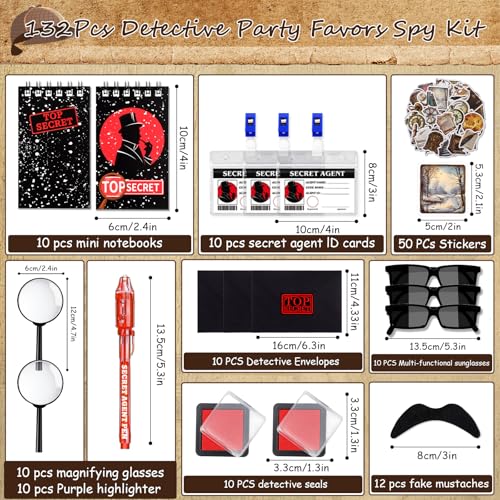 Black Spy Detective Party Favors Kit for Kids - 132 Pieces with Sunglasses and Invisible Ink Pen
