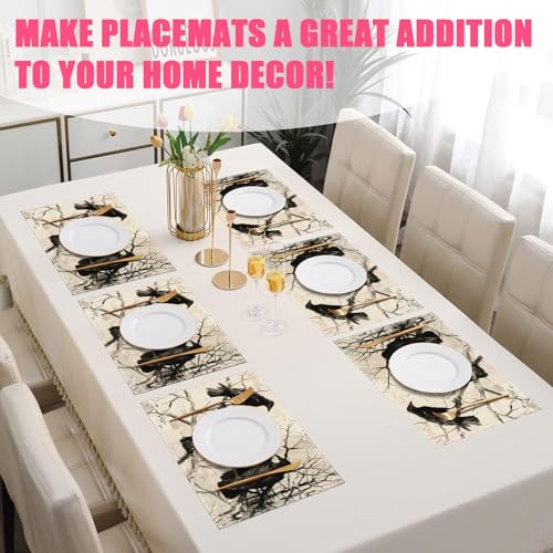 Crows Branch Placemats Set of 6 - Linen Table Mats for Spring & Fall Decor - Washable & Stain Resistant