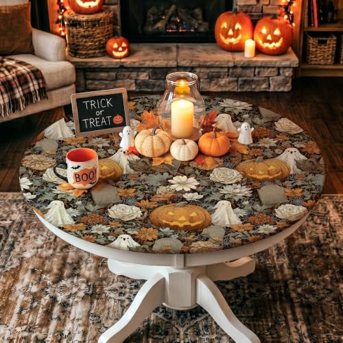 Halloween Round Fitted Tablecloth 48 Inch for 42-46 Inch Tables - Waterproof & Reusable