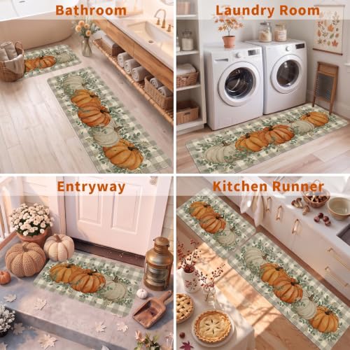 Fall Kitchen Mats Set of 2 - Non Slip Washable Pumpkin Eucalyptus Decor - Yellow Variation