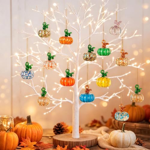12pcs Fall Tree Ornaments - Hand-Blown Glass Pumpkins for Halloween & Thanksgiving - Pumpkin Hanging Decor