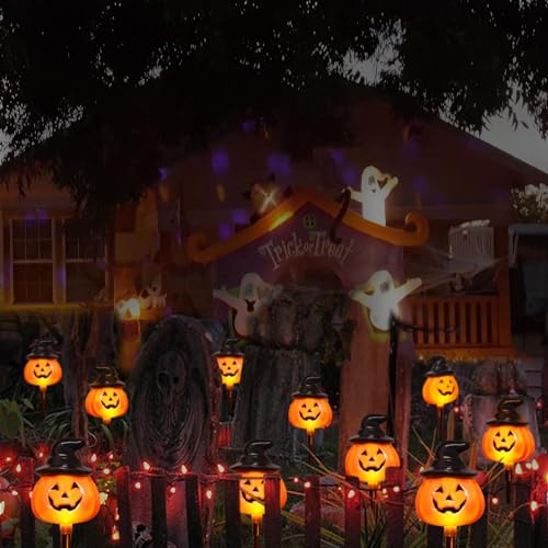 Solar Jack O Lantern Stake String Lights - Halloween Pathway Decor, Outdoor Waterproof Yard Lights
