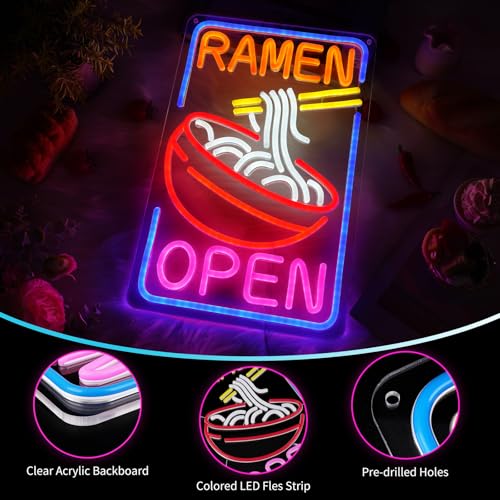 Ramen Open Neon Sign - Dimmable Japanese Noodle LED Light for Restaurant & Bar - Variation: Ramen