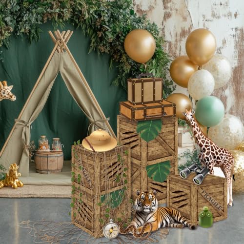 Jungle Safari Party Decorations Set with Wooden Travel Boxes & Animal Props