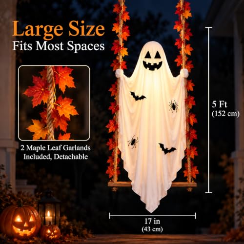White 5 FT Hanging Ghost Swing Halloween Decoration with Lights & DIY Face Stickers