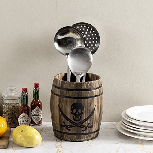 Pirate Rum Cask Utensil Crock with Burnt Wood & Pirate Pattern Variation