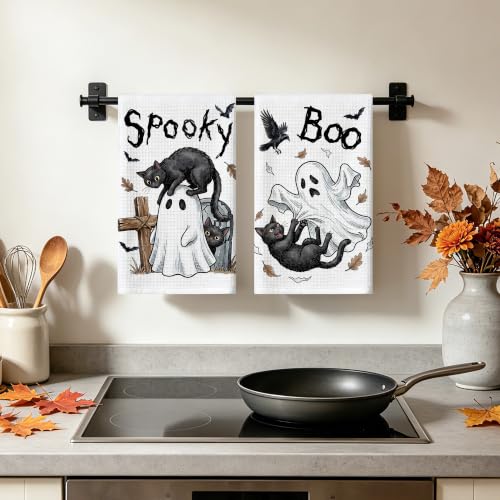 Halloween Kitchen Towels Spooky Ghost - Waffle Weave Decor & Practical Dish Cloths