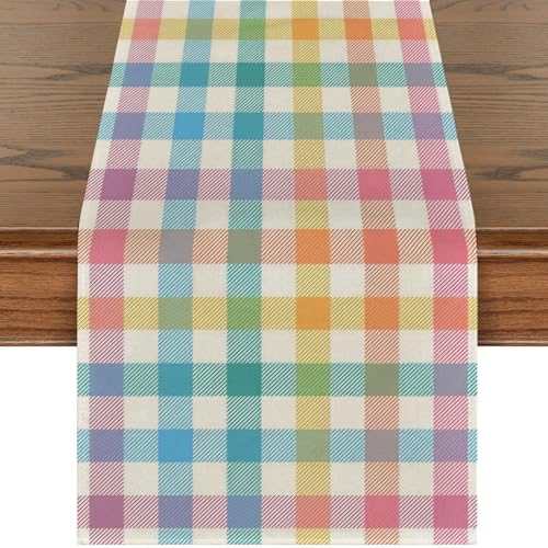 Easter Table Runner - Multicolor Buffalo Plaid Linen Fabric, 13 x 72 Inches