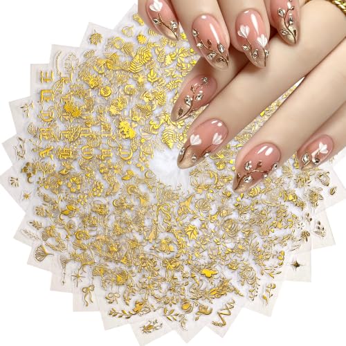 Gold Nail Art Stickers Decals Set - Style-13, 30 Sheets Self-Adhesive Flower & Leaf Designs for Nails