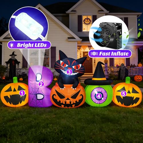 Colorful 8FT Halloween Inflatable Pumpkin with Black Cat Yard Decor