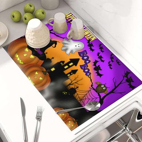 Halloween-3 Large Dish Drying Mat for Kitchen Counter, Scary Night Design, Super Absorbent Reversible Microfiber, 18x24 Inches