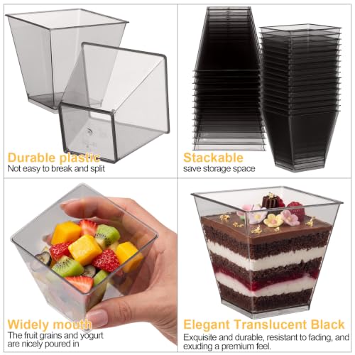 Black Plastic Dessert Cups - 8 oz Square Style, 100 Pack