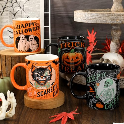 Halloween Ceramic Mug Set - Spooky Pumpkin Black Cat Ghost Skeleton 12oz Coffee Cups