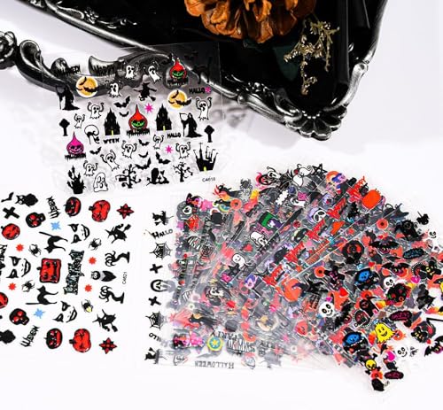 Halloween Nail Art Stickers 24 Sheets Ghost Pumpkin Bat Skull Spider Self-Adhesive - Style-03