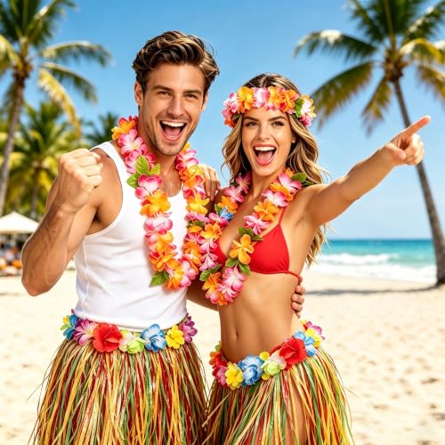 7PCS Hawaiian Leis Bulk Colorful Tropical Flower Necklaces for Summer Beach Party - Includes 80cm Skirt Variation